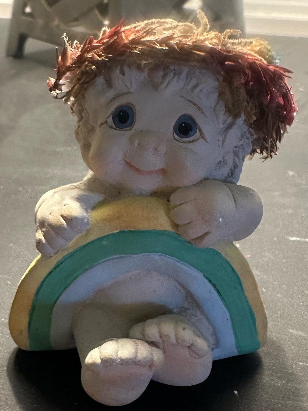 Hand-Painted Ceramic Cherub Figurine in Yellow and Teal